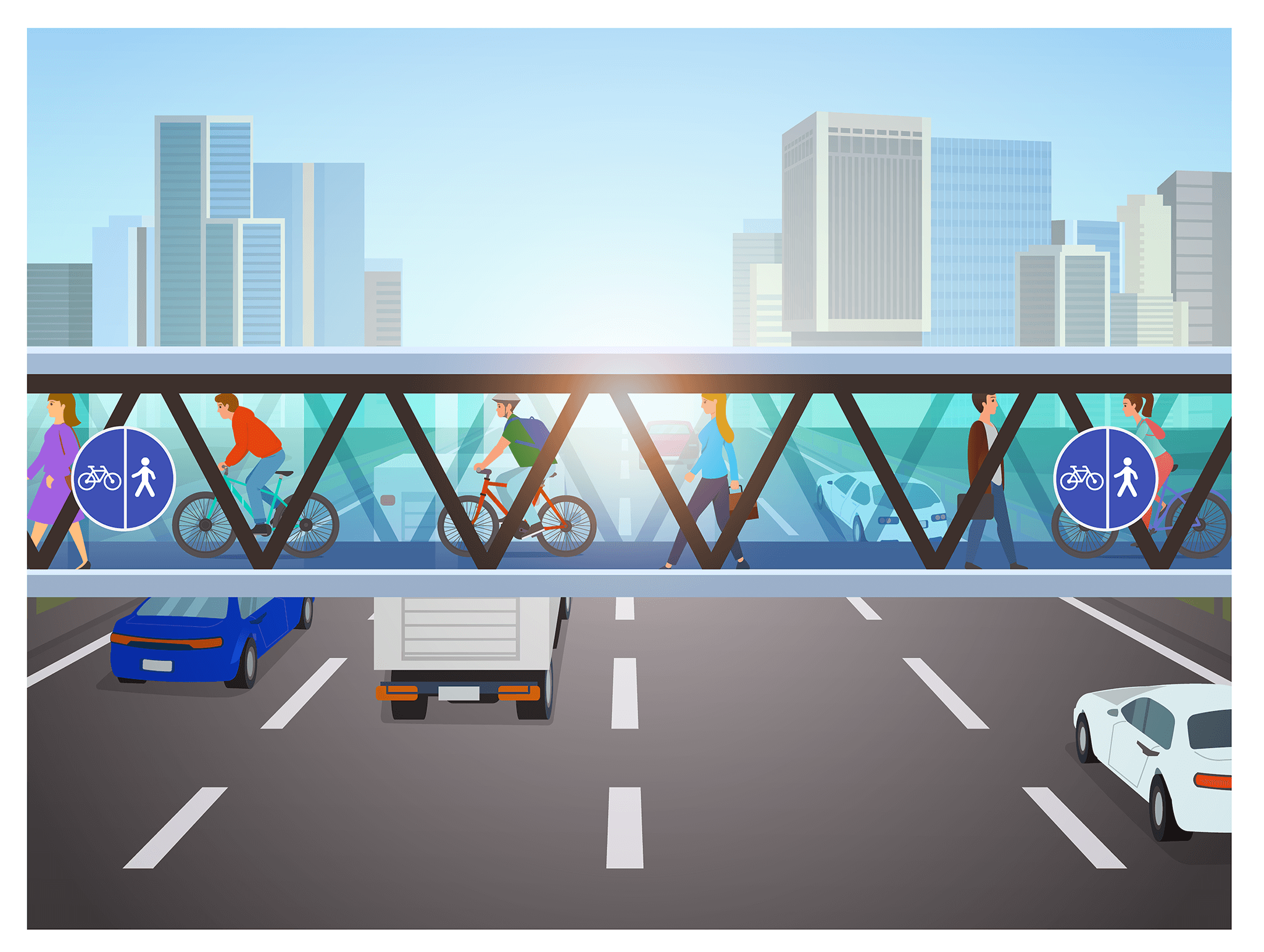 Ilustración de un puente peatonal y de bicicletas sobre una carretera