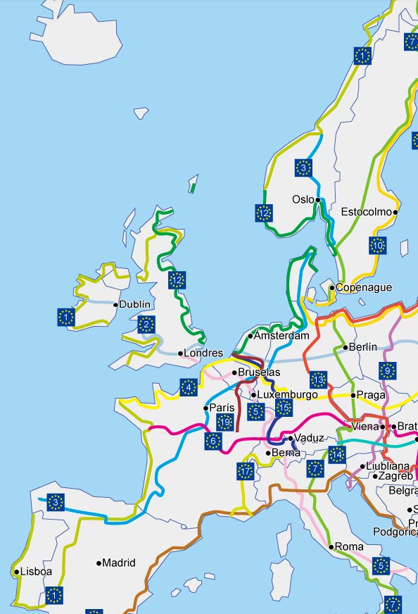 Mapa de rutas EuroVelo. Fuente: https://www.eurovelospain.com/ - Ministerio de Transportes, Movilidad y Agenda Urbana. - Ministerio de Transportes, Movilidad y Agenda Urbana.