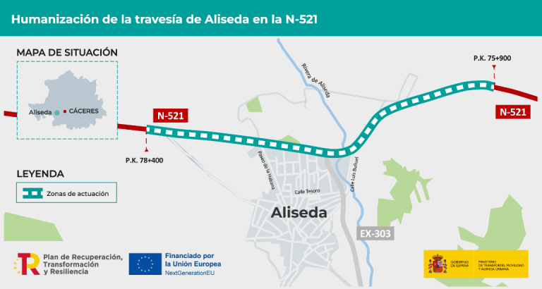 Imagen noticia: Mapa proyecto de trazado de humanización de la carretera N-521 a su paso por Aliseda, en la provincia de Cáceres - Ministerio de Transportes, Movilidad y Agenda Urbana.
