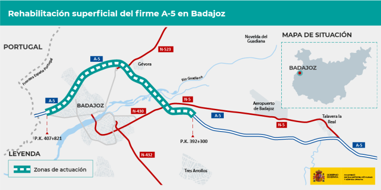 Imagen noticia: Mapa intervención rehabilitación superficial del firme A-5 en Badajoz - Ministerio de Transportes, Movilidad y Agenda Urbana.