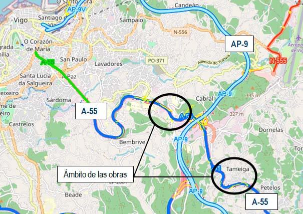 Mapa de carreteras con las afecciones al tráfico en las obras de la A-55 en Galicia - Ministerio de Transportes, Movilidad y Agenda Urbana. - Ministerio de Transportes, Movilidad y Agenda Urbana.