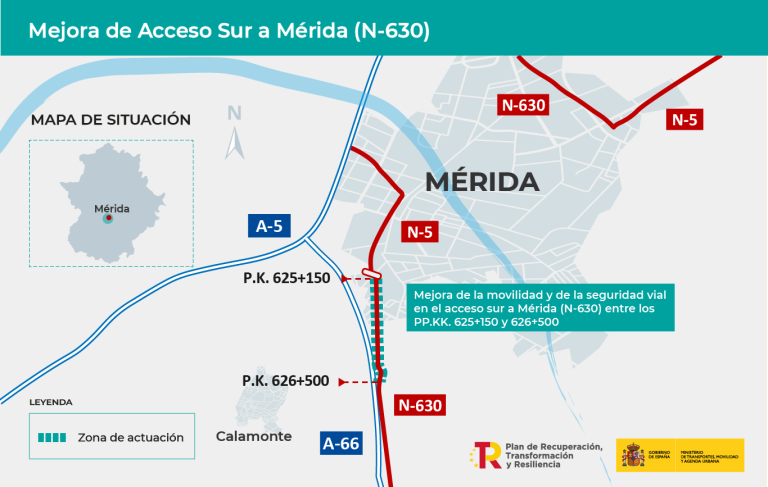 Imagen noticia: Mapa de situación: Mejora de Acceso Sur a Mérida (N-630) - Ministerio de Transportes, Movilidad y Agenda Urbana.