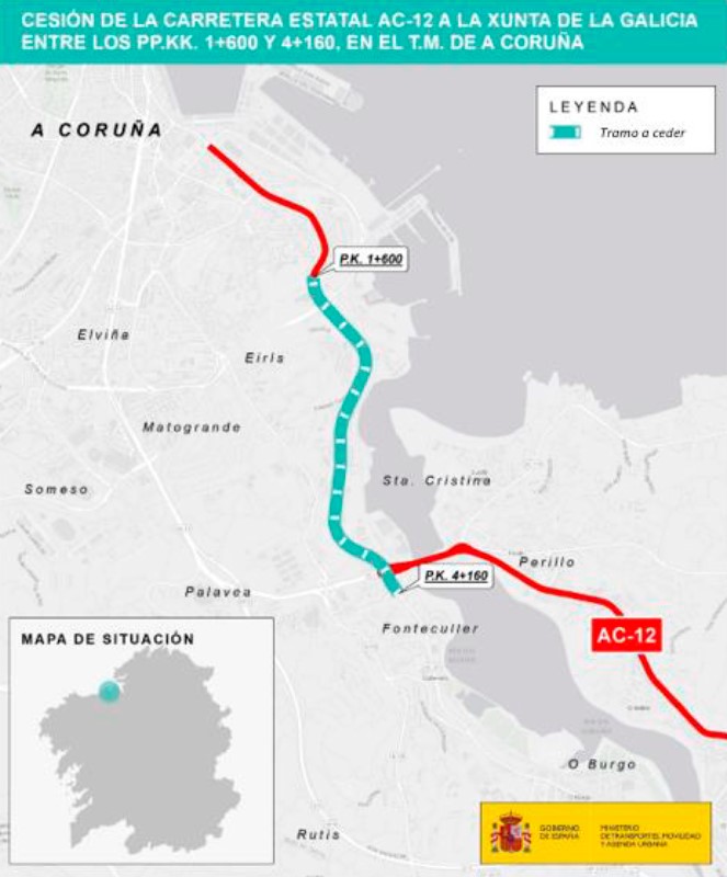 Detalle de la cesión de la carretera estatal AC-12 a La Xunta de Galicia